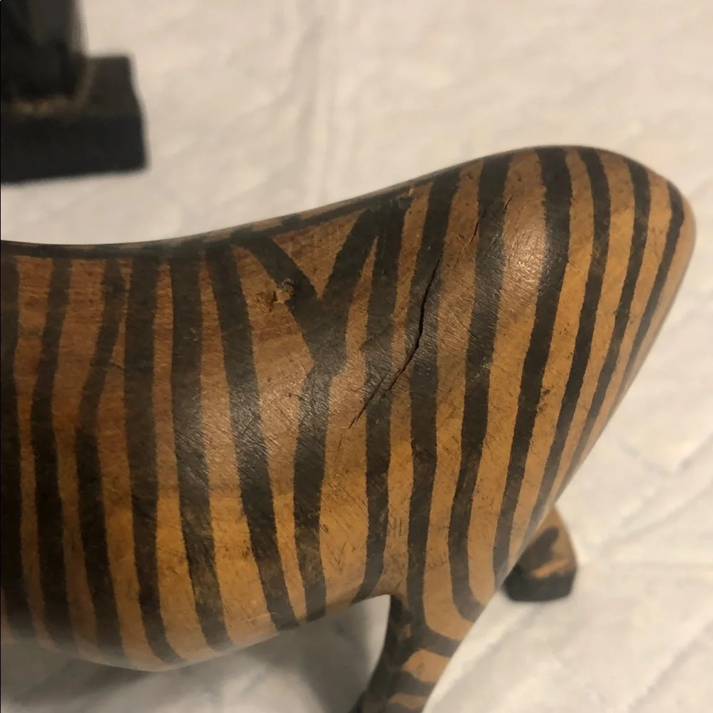 Vintage Brown and Black Striped Zebra Wood Figurines